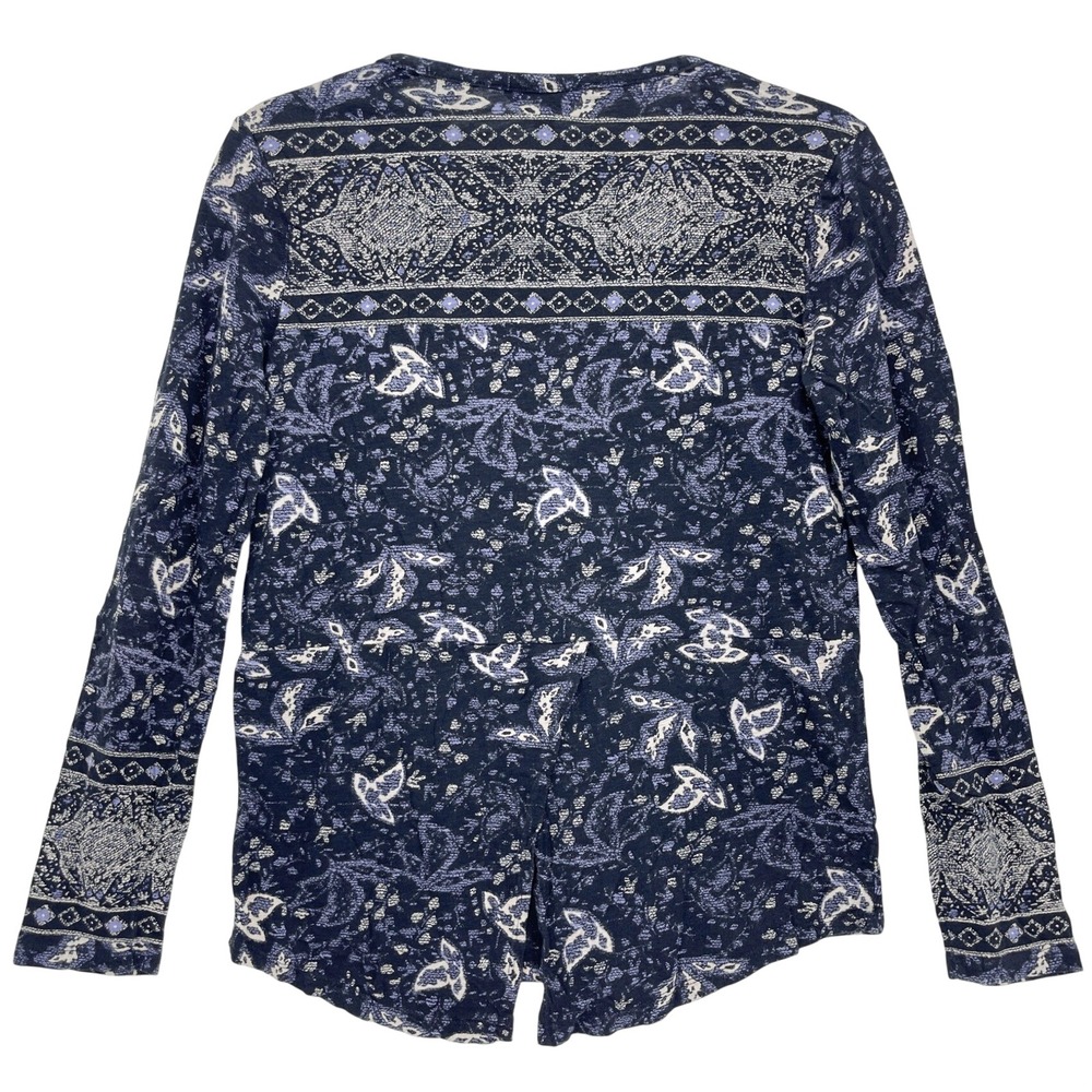 Lucky Brand Black Mixed Print Long Sleeve Split Neck Top XS Medallion Boho - Picture 2 of 7